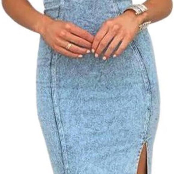 Dresses & Skirts - Women's Denim Dress Sexy V Neck Side Slit Bodycon Sleeveless Mini